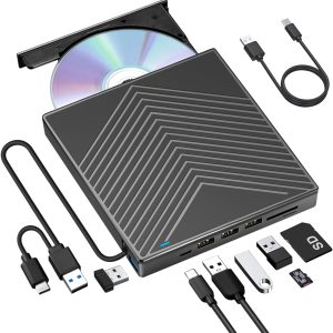 External CD DVD Drive, Ultra Slim CD Burner USB 3.0 & USB-C with 2*SD Card Reader + 4*USB 3.0/2.0 Ports, Portable CD DVD+/-RW Disk Drive Player for Laptop Mac, PC Windows 11/10/8/7, Linux OS