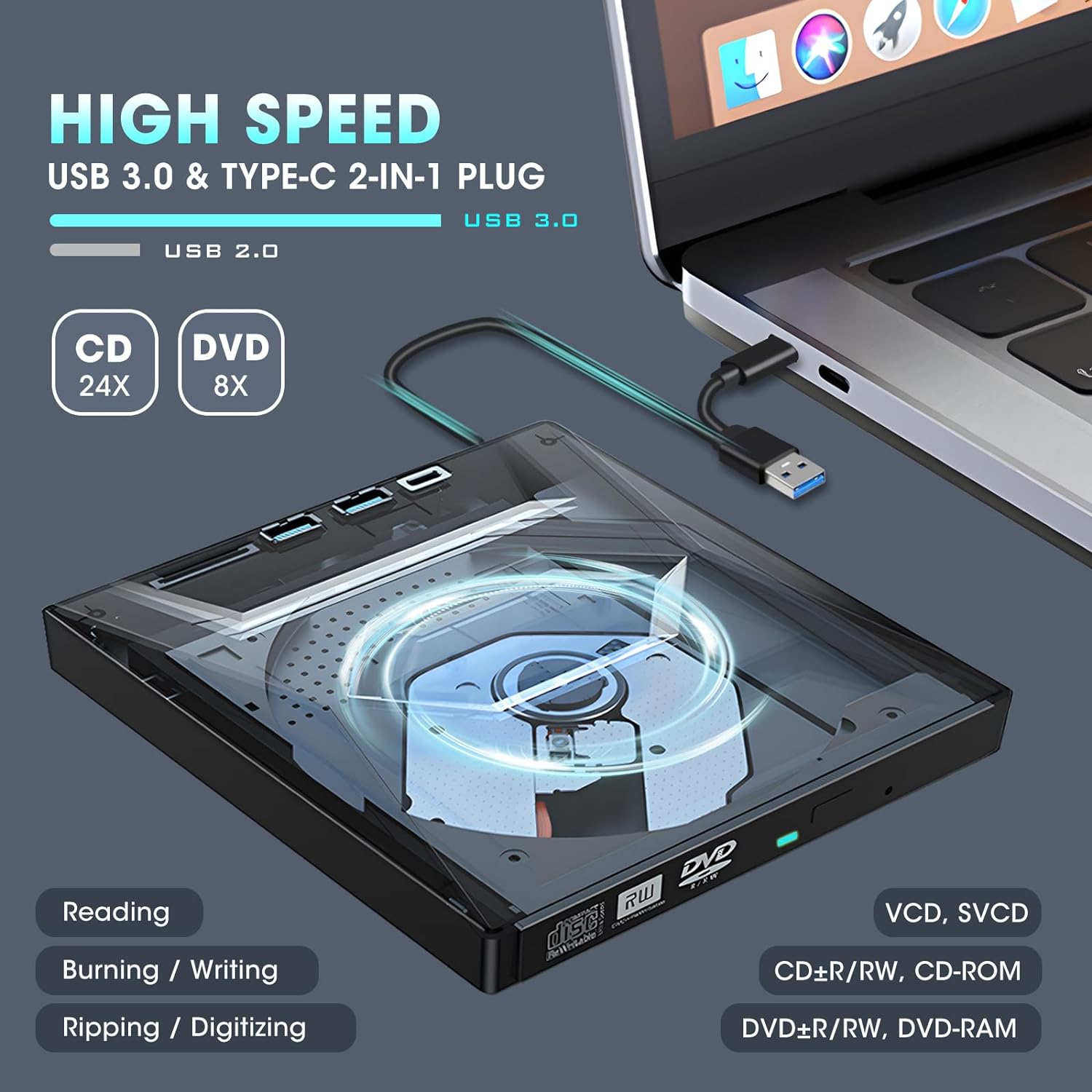 External CD DVD +/-RW Drive, CD Burner with SD Card Reader and USB 3.0+2.0+Type-C Input Ports, Portable CD-ROM DVD Player Optical Disk Drive for Laptop PC Windows 11/10/8/7, Linux, Mac OS - Image 6