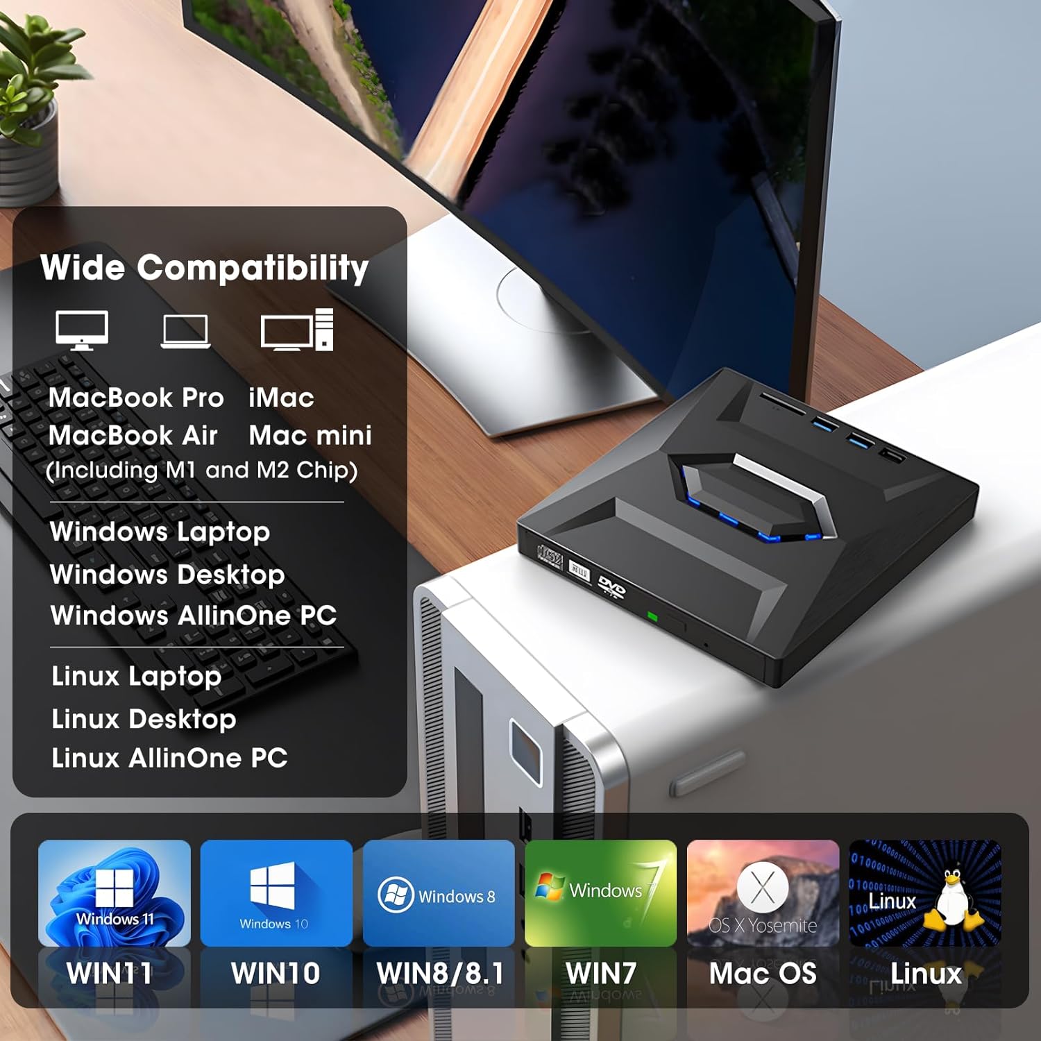 External CD DVD +/-RW Drive, CD Burner with SD Card Reader and USB 3.0+2.0+Type-C Input Ports, Portable CD-ROM DVD Player Optical Disk Drive for Laptop PC Windows 11/10/8/7, Linux, Mac OS - Image 4