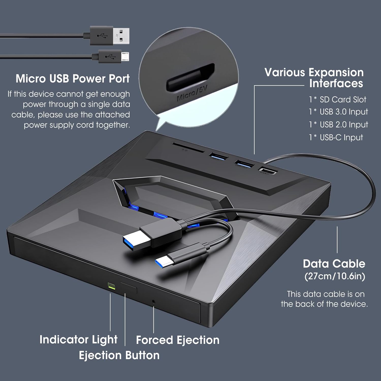External CD DVD +/-RW Drive, CD Burner with SD Card Reader and USB 3.0+2.0+Type-C Input Ports, Portable CD-ROM DVD Player Optical Disk Drive for Laptop PC Windows 11/10/8/7, Linux, Mac OS - Image 3