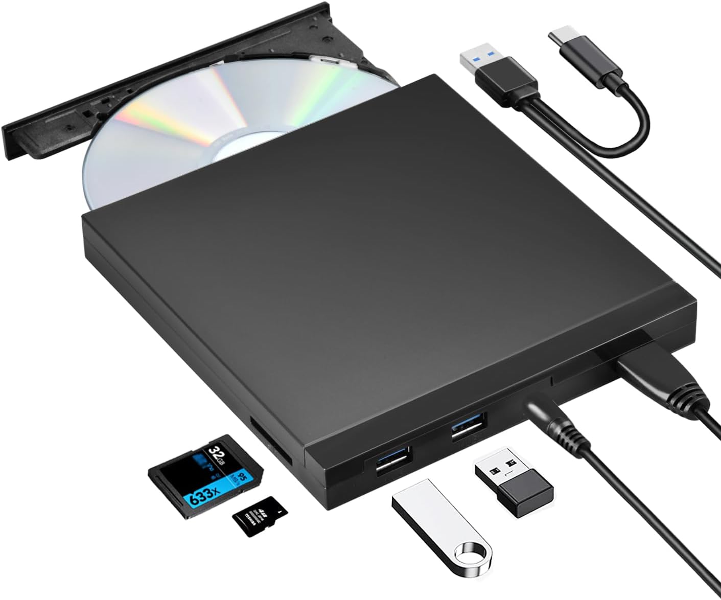 External CD DVD +/-RW Drive with SD Card Reader and USB Ports, USB 3.0 Type-C Portable DVD&CD-ROM Burner Player Writer Optical Disk Drive for Laptop Desktop PC, Mac, Windows 11/10/8/7, Linux