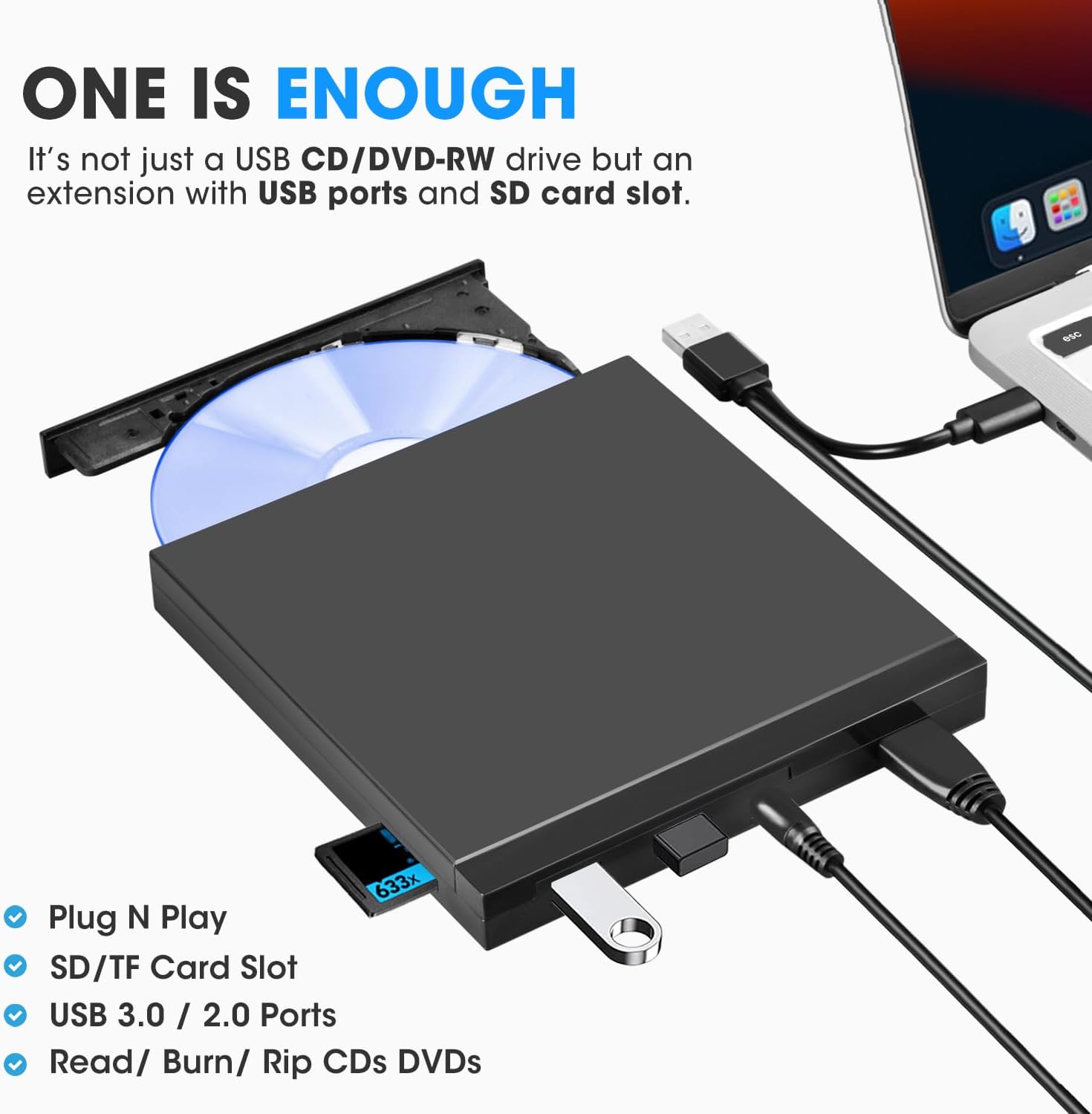External CD DVD +/-RW Drive with SD Card Reader and USB Ports, USB 3.0 Type-C Portable DVD&CD-ROM Burner Player Writer Optical Disk Drive for Laptop Desktop PC, Mac, Windows 11/10/8/7, Linux - Image 7