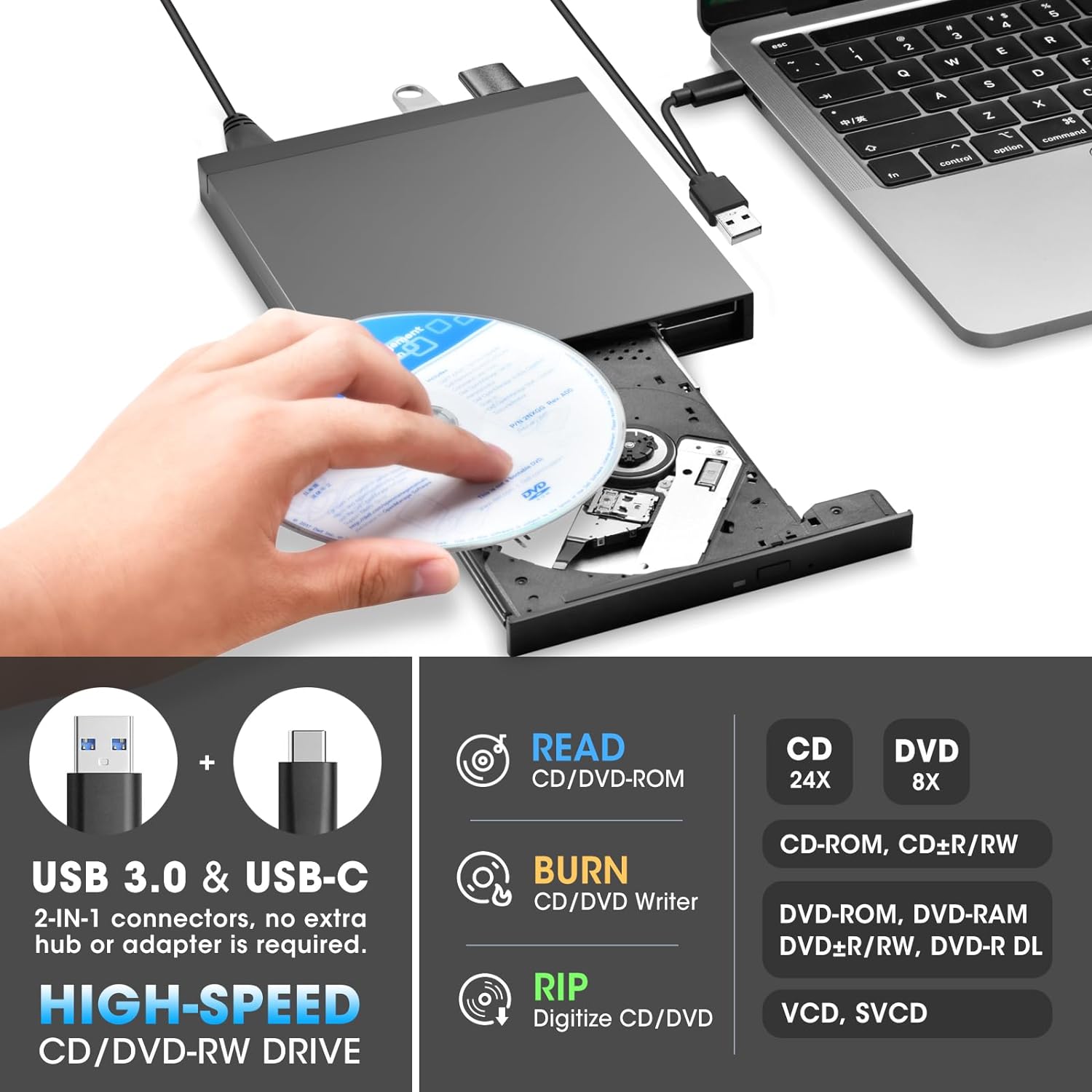 External CD DVD +/-RW Drive with SD Card Reader and USB Ports, USB 3.0 Type-C Portable DVD&CD-ROM Burner Player Writer Optical Disk Drive for Laptop Desktop PC, Mac, Windows 11/10/8/7, Linux - Image 6