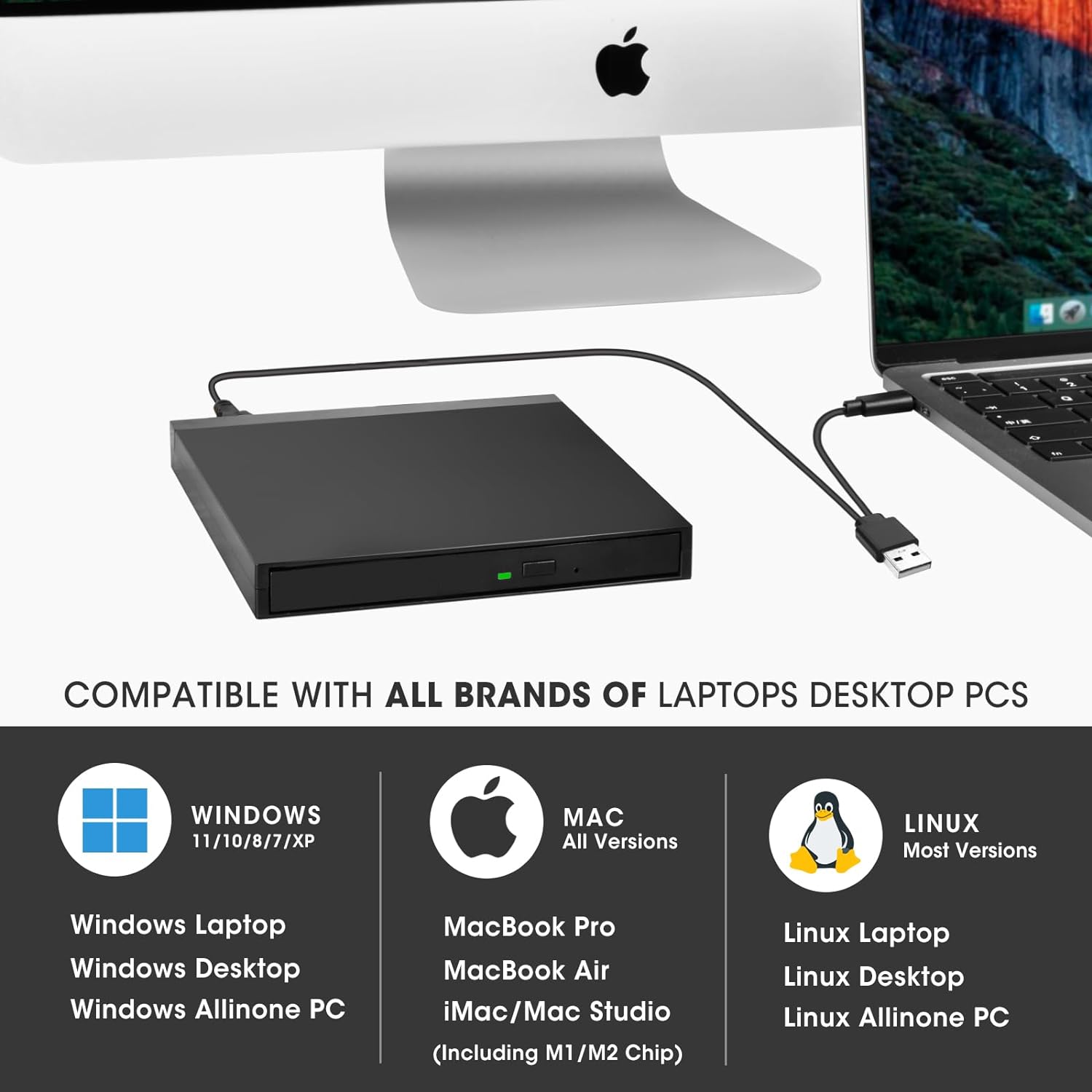 External CD DVD +/-RW Drive with SD Card Reader and USB Ports, USB 3.0 Type-C Portable DVD&CD-ROM Burner Player Writer Optical Disk Drive for Laptop Desktop PC, Mac, Windows 11/10/8/7, Linux - Image 5