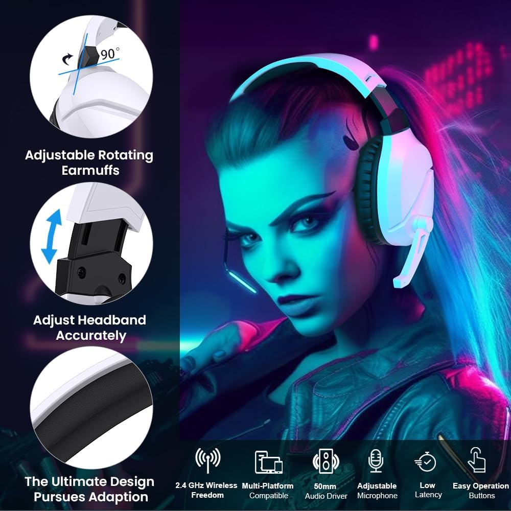 WolfLawS Wireless Gaming Headset with Noise Canceling Microphone for PS5, PC, PS4, 2.4G/Bluetooth Gaming Headphones with USB and Type-c Connector, Wired Mode for Controller - Image 6