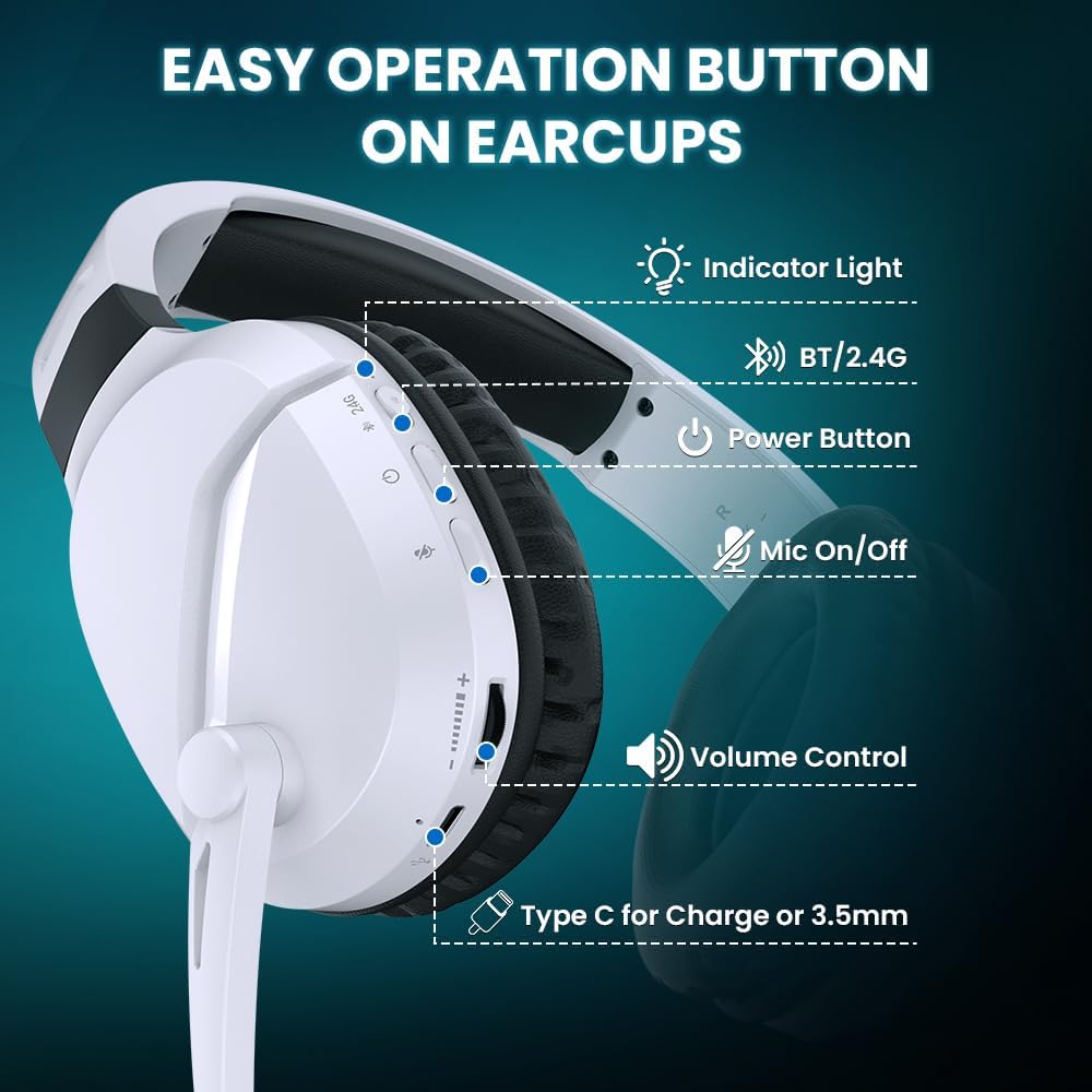 WolfLawS Wireless Gaming Headset with Noise Canceling Microphone for PS5, PC, PS4, 2.4G/Bluetooth Gaming Headphones with USB and Type-c Connector, Wired Mode for Controller - Image 5